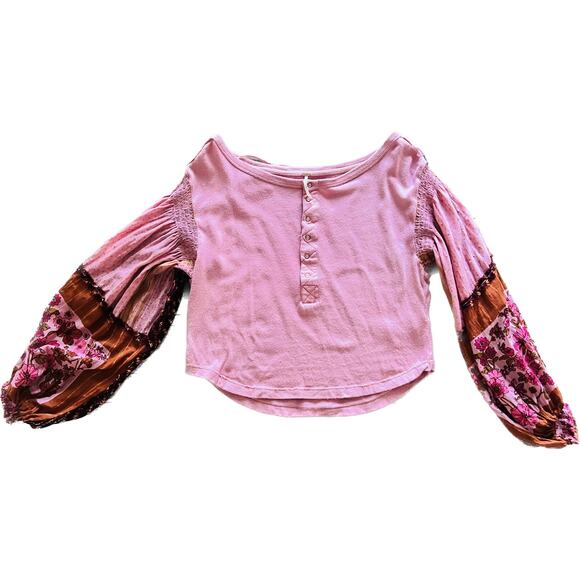Free People Light Magic Henley Top Women's Blouse XS Pink Floral Peasant Boho - Picture 4 of 11